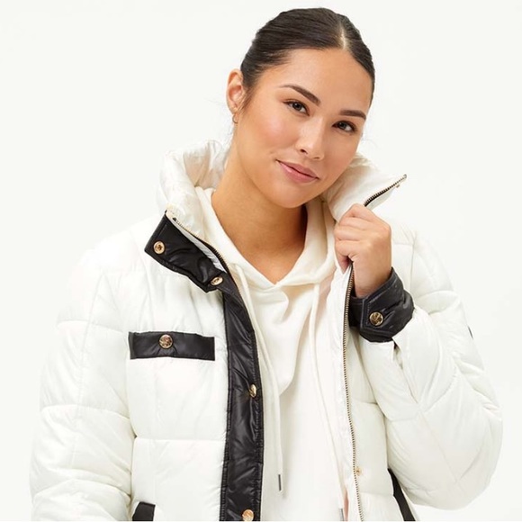 Jessica Simpson Off White & Black Quilted Mock Neck Puffer Coat Size Medium NEW - Picture 3 of 7